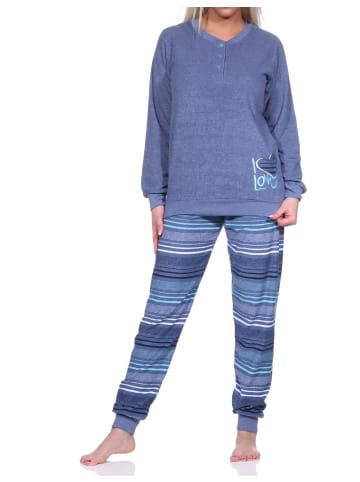 NORMANN Frottee Schlafanzug langarm Bündchen Hose gestreift - 75874 in blau-melange