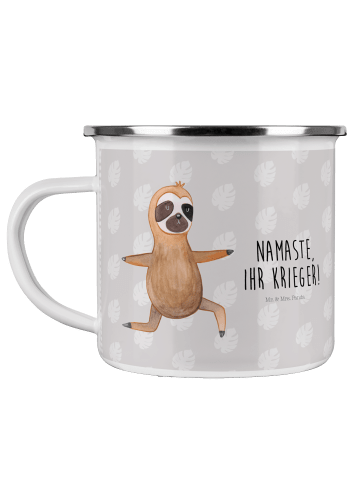 Mr. & Mrs. Panda Emaille Tasse Faultier Yoga mit Spruch in Grau Pastell