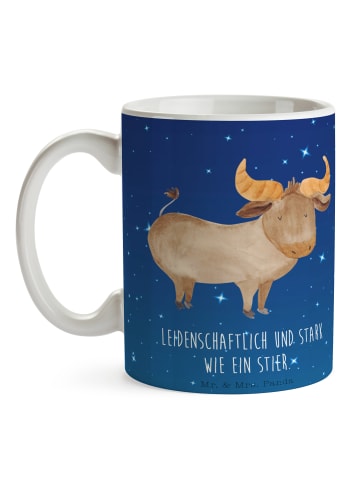 Mr. & Mrs. Panda Tasse Sternzeichen Stier mit Spruch in Sternenhimmel Blau