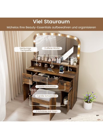 COSTWAY Schminktisch mit Schminkhocker & 3 Lichtfarben LED-Spiegel in Braun