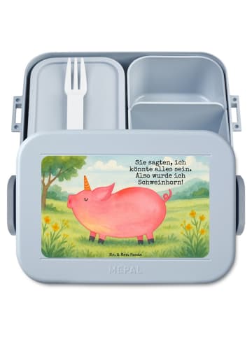 Mr. & Mrs. Panda MEPAL Bentobox Einhorn Schwein Design mit Spruch in Blau Pastell