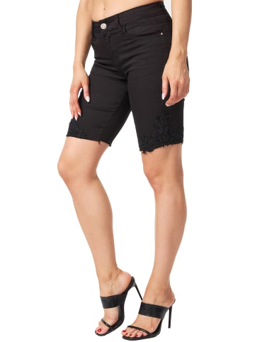 MiSS RJ High Waist Denim Jeans Shorts Bermuda Stretch Hose mit Spitze in Schwarz