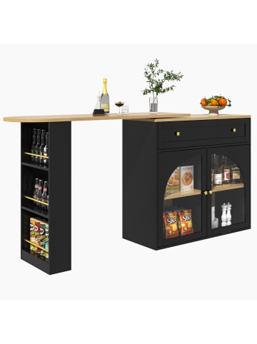 ABRIHOME Ausziehbarer Bartisch mit Stauraum in Schwarz - Sideboardschrank mit Glas
