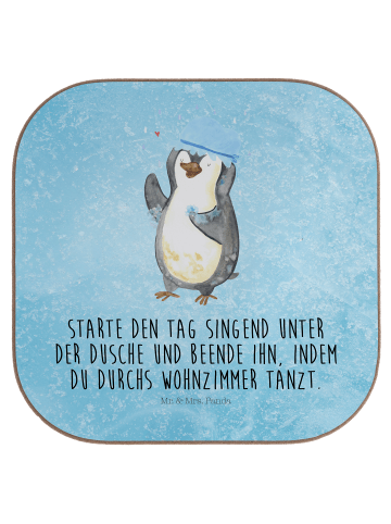 Mr. & Mrs. Panda Bierdeckel Pinguin Duschen mit Spruch in Eisblau