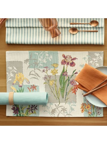 Sander Baumwollmischung, Gewebt, Gobelin Tischset 2er-Pack Flowery Patch in mint-grau-bunt