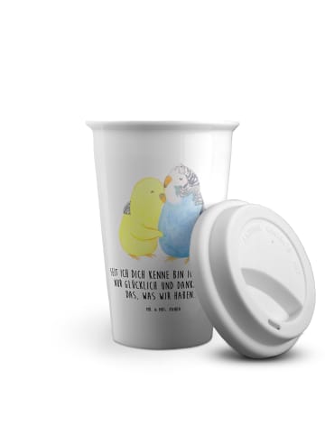 Mr. & Mrs. Panda Kaffeebecher Wellensittich Liebe mit Spruch in Weiß