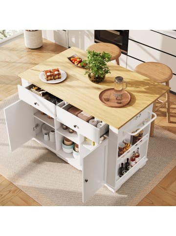 ABRIHOME Kücheninsel in Weiß mit Steckdosenleiste und Arbeitsplatte Holzmaserung