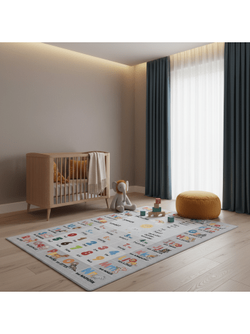 KADIMA DESIGN Kinderteppich Waschbar Alphabet-Zahlen-Tiere TRAUN Strapazierfähig