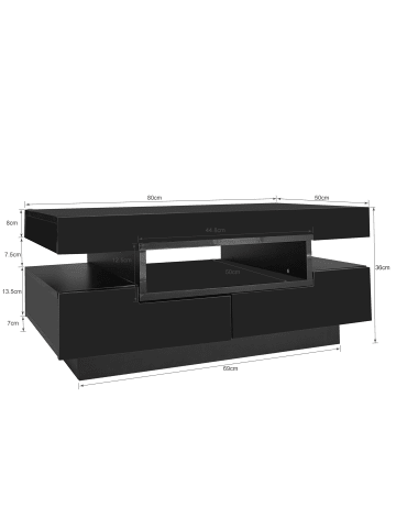 ABRIHOME Couchtisch in Schwarz Hochglanz mit LED 4 Schubladen Stauraum für Wohnzimmer