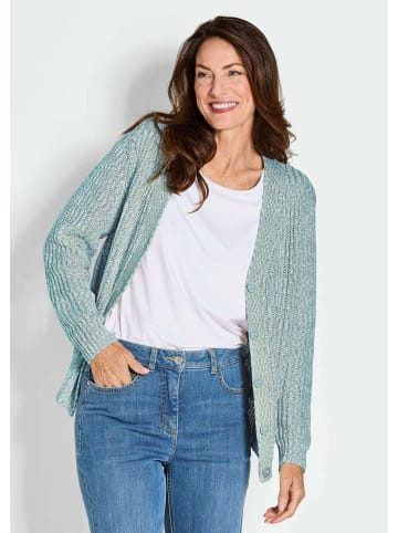 GOLDNER Kurzgröße:  Cardigan Langarm Strickjacke mit V-Ausschnitt in grün / weiß / gemustert