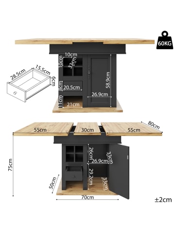 ABRIHOME Esstisch Ausziehtisch Küchentisch für 4-6 Personen mit Weinregal und Schubladen