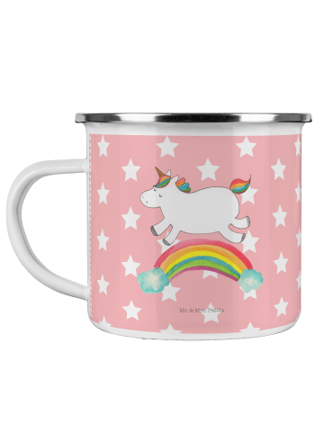 Mr. & Mrs. Panda Camping Emaille Tasse Einhorn Regenbogen ohne S... in Rot Pastell