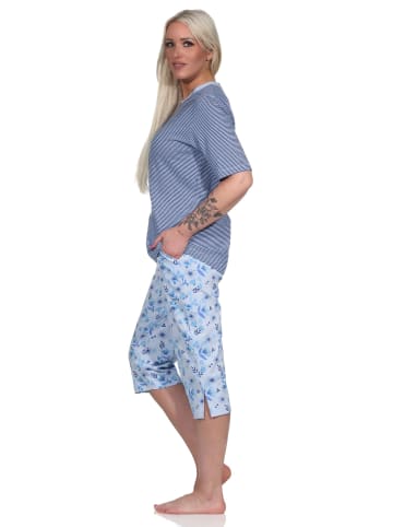 NORMANN Pyjama Schlafanzug kurzarm CapriHose und Spitze - 72678 in hellblau