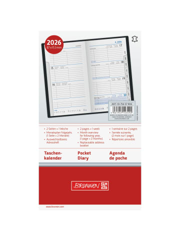 BRUNNEN Taschenkalender 756 1 Woche/2 Seiten 8,7x15,3cm Leder schwarz 2026