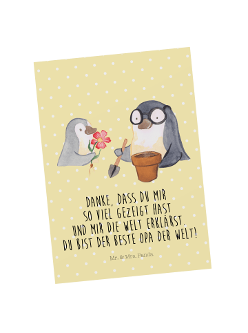 Mr. & Mrs. Panda Postkarte Pinguin Opa Blumen pflanzen mit Spruch in Gelb Pastell