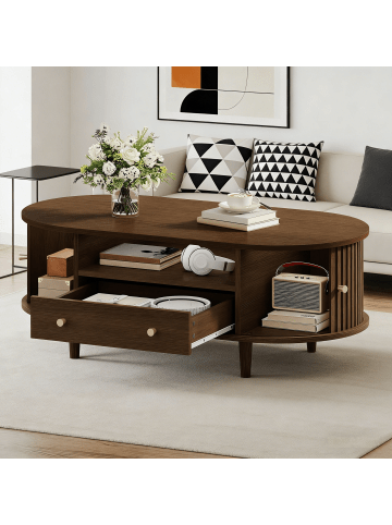 ABRIHOME Couchtisch in Walnuss mit Schublade Rolltür offenem Fach 100x50x36 cm