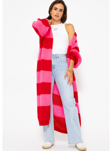 SASSYCLASSY Langer Cardigan mit Blockstreifen in Rot