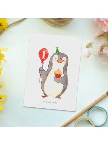 Mr. & Mrs. Panda Ansichtskarte 1. Geburtstag Pinguin Luftballon ... in Weiß