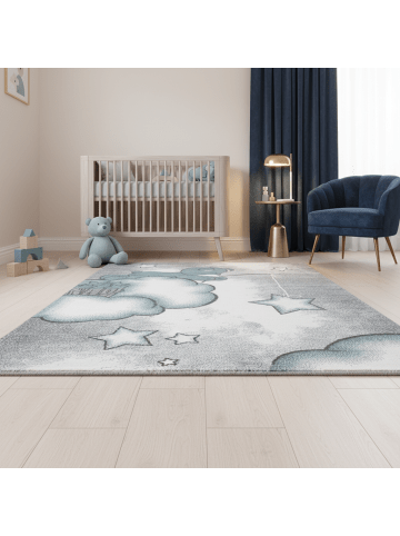 KADIMA DESIGN Kinderteppich Waschbar Bär TASNA Strapazierfähig OEKO-TEX Kinderzimmer in Blau