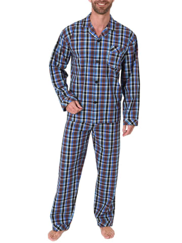 NORMANN Pyjama langarm Schlafanzug gewebt zum Knöpfen Karo Design - 55962 in blau