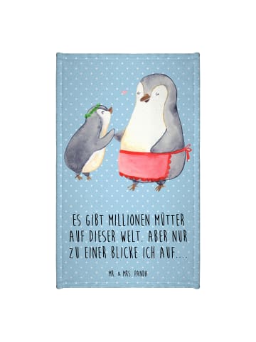 Mr. & Mrs. Panda Gästehandtuch Pinguin mit Kind mit Spruch in Blau Pastell