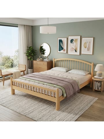 ABRIHOME Massivholzbett in Natur 140x200 cm mit Gitter Kopfteil Lattenrost