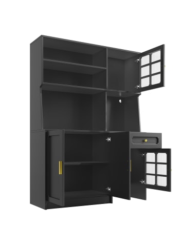 ABRIHOME Küchenschrank mit Glastüren und LED, 130 x 45 x 180 cm in Schwarz