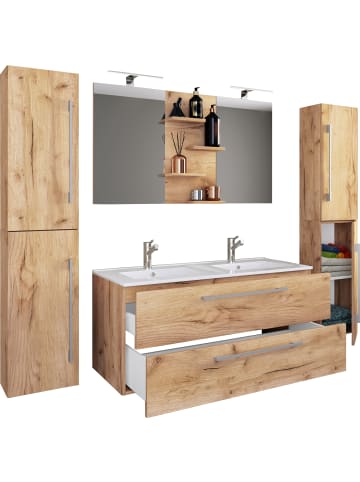 VCM  5-tlg. Doppel Waschplatz Zwei Waschtisch Budasi SP in Honig-Eiche