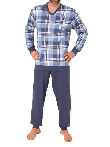 NORMANN Langarm Schlafanzug Bündchen Jersey und karierten Pyjama Oberteil in blau