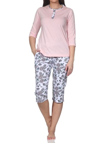 NORMANN Kurzarm Pyjama Caprihose floralem print in rosa