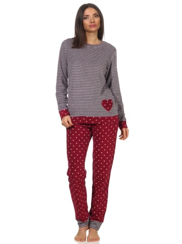 NORMANN Frottee Schlafanzug langarm Bündchen Tupfen Optik in Ringel rot