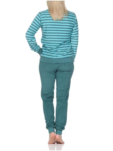 NORMANN Frottee Schlafanzug langarm Bündchen Streifenoptik in türkis