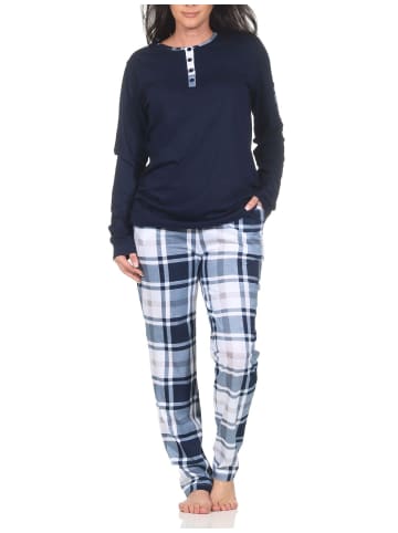 NORMANN Schlafanzug langarm Pyjama karierter Hose Jersey - 87030 in marine
