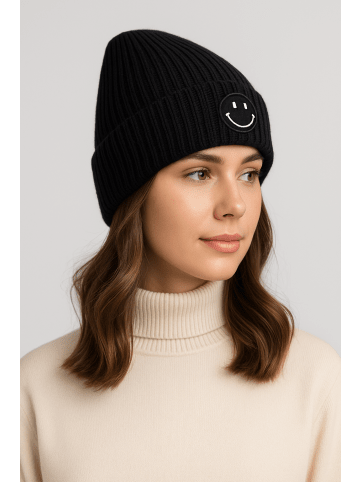 Faera Strickmütze mit Smiley und feinem Rippenstrick in Schwarz
