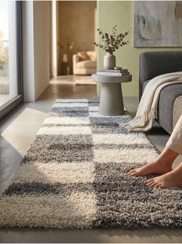 KADIMA DESIGN Teppich Hochflor Shaggy Waschbar Karo WERFEN Strapazierfähig in Hellgrau