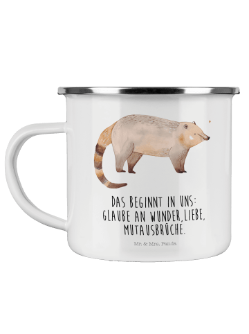 Mr. & Mrs. Panda Camping Emaille Tasse Nasenbaer mit Spruch in Weiß