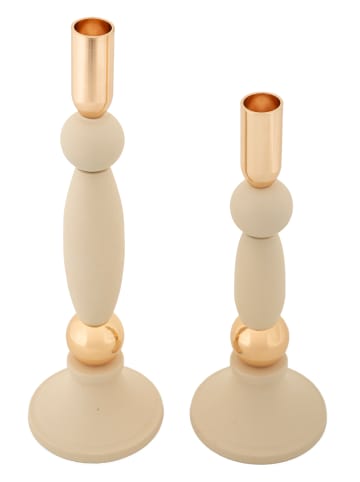 Mauro Ferretti Set aus 2 cremefarbenen und goldfarbenen Kerzenhaltern aus Metall