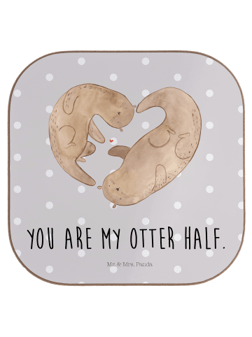 Mr. & Mrs. Panda Glas-Untersetzer Otter Herz mit Spruch in Grau Pastell