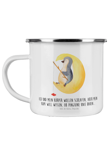 Mr. & Mrs. Panda Camping Emaille Tasse Pinguin Mond mit Spruch in Weiß