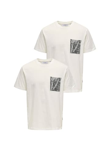 Only&Sons 2er-SET Rundhals T-Shirt mit Brust-Tasche Tropical Print in Weiß