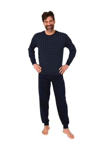 NORMANN Langarm Schlafanzug Pyjama Bündchen Minimalprint in navy