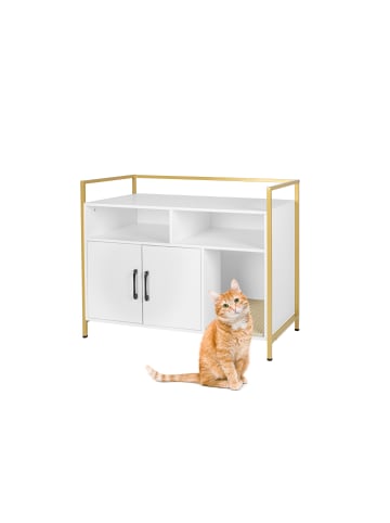 relaxdays Katzenschrank in Weiß/ Gold – (B)90 x (H)74 x (T)45 cm