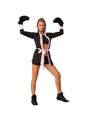 tectake Boxerkostüm mit Short, Top, Mantel mit Kapuze, Gürtel und Boxhandschuhen, schw