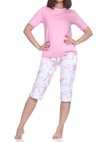 NORMANN Schlafanzug kurzarm Caprihose Pyjama Schleifen Motiv in pink