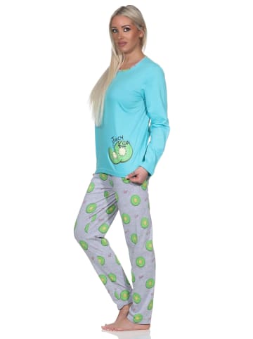 NORMANN Schlafanzug langarm Pyjama Pyjamahose Kiwi print - 86369 in türkis