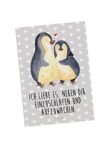 Mr. & Mrs. Panda Ansichtskarte Pinguine Einschlafen mit Spruch in Grau Pastell