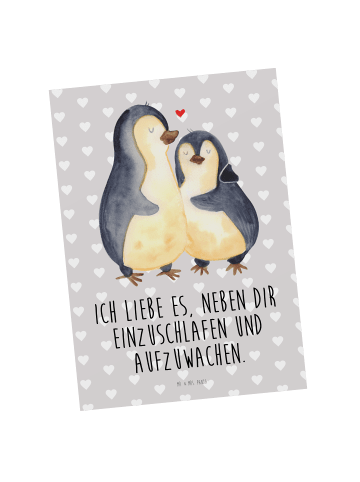 Mr. & Mrs. Panda Postkarte Pinguine Einschlafen mit Spruch in Grau Pastell