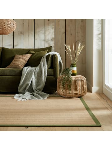 KADIMA DESIGN Jute-Teppich Fischgrätenmuster Bordüre rutschfest Naturfaser in Braun-Grün