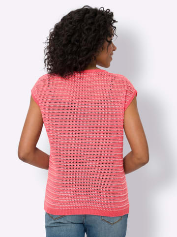 Sieh an! Ajour-Pullover in koralle-weiß-gemustert