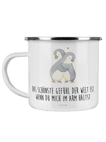 Mr. & Mrs. Panda Camping Emaille Tasse Pinguine Kuscheln mit Spruch in Weiß